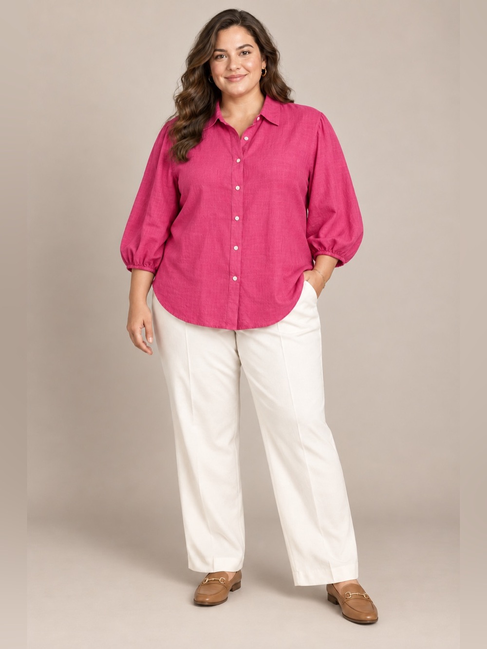 Cynthia Rowley Women 1X Hot Pink Linen Blend Button Up Shirt Balloon sleeves
